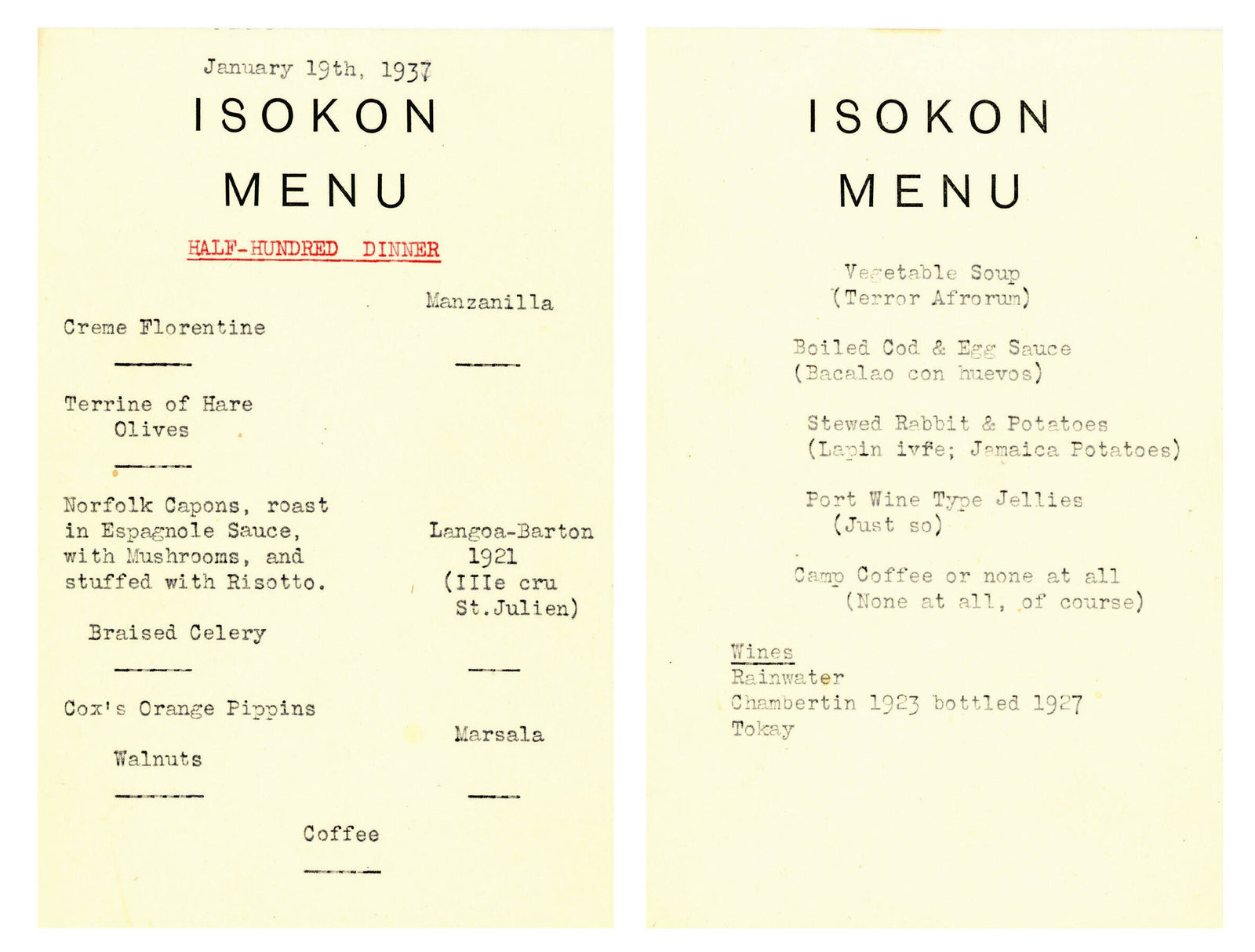 Menu for the first Half Hundred Club dinner, January 1937.