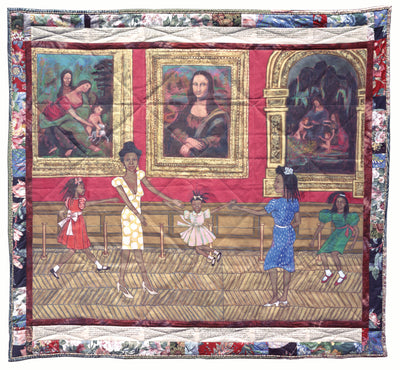 Faith Ringgold, Dancing at the Louvre: The French Collection Part I, #1, 1991. Quilted fabric and acrylic paint. The Gund Gallery at Kenyon College, Gambier, Ohio. &#169; Faith Ringgold / ARS, NY and DACS, London, courtesy ACA Galleries, New York 2021