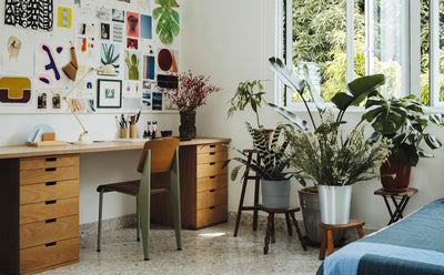 home office interior design featuring wooden desks, an ergonomic chair, a variety of indoor plants, and an art wall with mixed media artworks