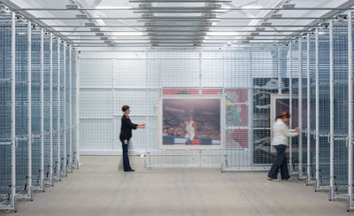 museum acquisitions display with artwork and sculptures in gallery setting