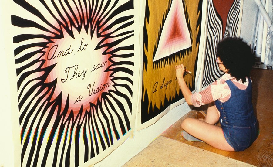 Art and Feminism banner with abstract colorful shapes and text on a white background