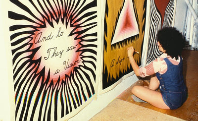 Art and Feminism banner with abstract colorful shapes and text on a white background