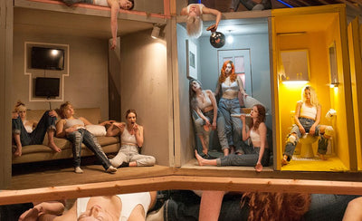 Contemporary dance performance captured as body art in a museum setting with dynamic movement and expressive poses