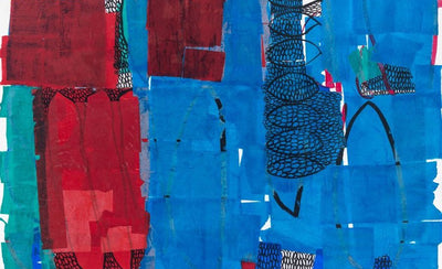 a close-up view of a colorful collage artwork with various textures and patterns
