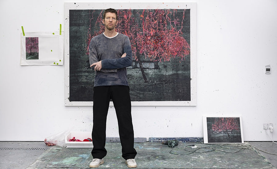 Michael Raedecker artwork featuring mixed media textures and abstract elements in muted tones