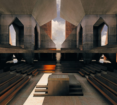 modern architectural interior featuring concrete structures, angular shapes, and tiered seating with natural lighting and a dramatic sky backdrop