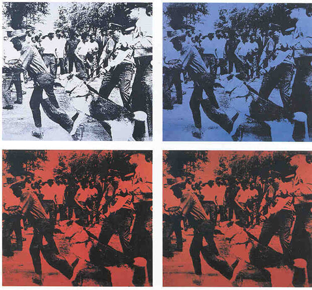 Andy Warhol race riot artwork colorful pop art style
