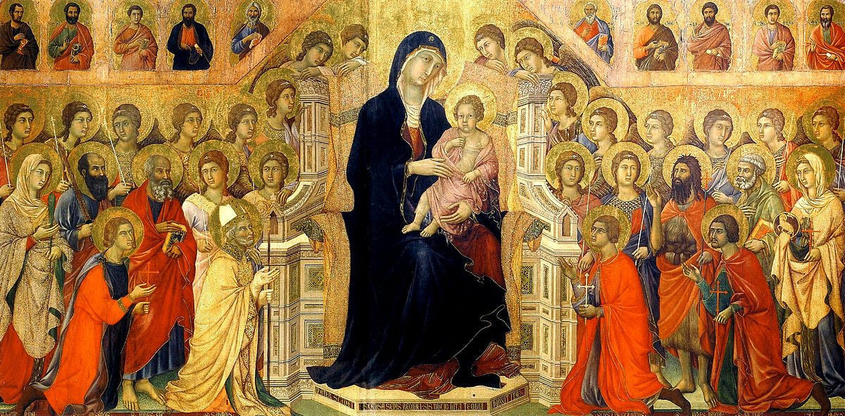 Duccio Maestà panel from 1308 depicting the Virgin Mary and Christ Child surrounded by saints and angels in medieval Italian art style