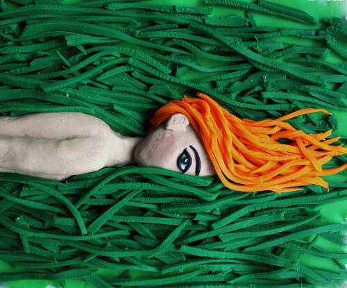 Guy Bourdin style fashion photograph with vibrant colors and Play-Doh elements artistic composition