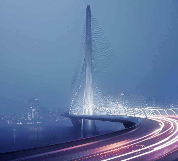 Hadid Bridge modern architectural design with curved steel structure and glass elements against blue sky