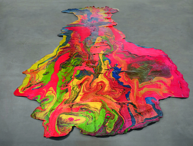 Lynda Benglis, Contraband, 1969. Poured DayGlo pigmented, latex; 2022 Lynda Benglis / Licensed by VAGA at Artists Rights Society (ARS), NY.  Photo: Christopher Burke Studios