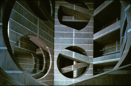 Assembly Building, view across the entry and stair hall, with circular openings carved through three layers of walls, Bangladesh National Capital, Dhaka, Bangladesh, 1962-74. Picture credit: Orch. 