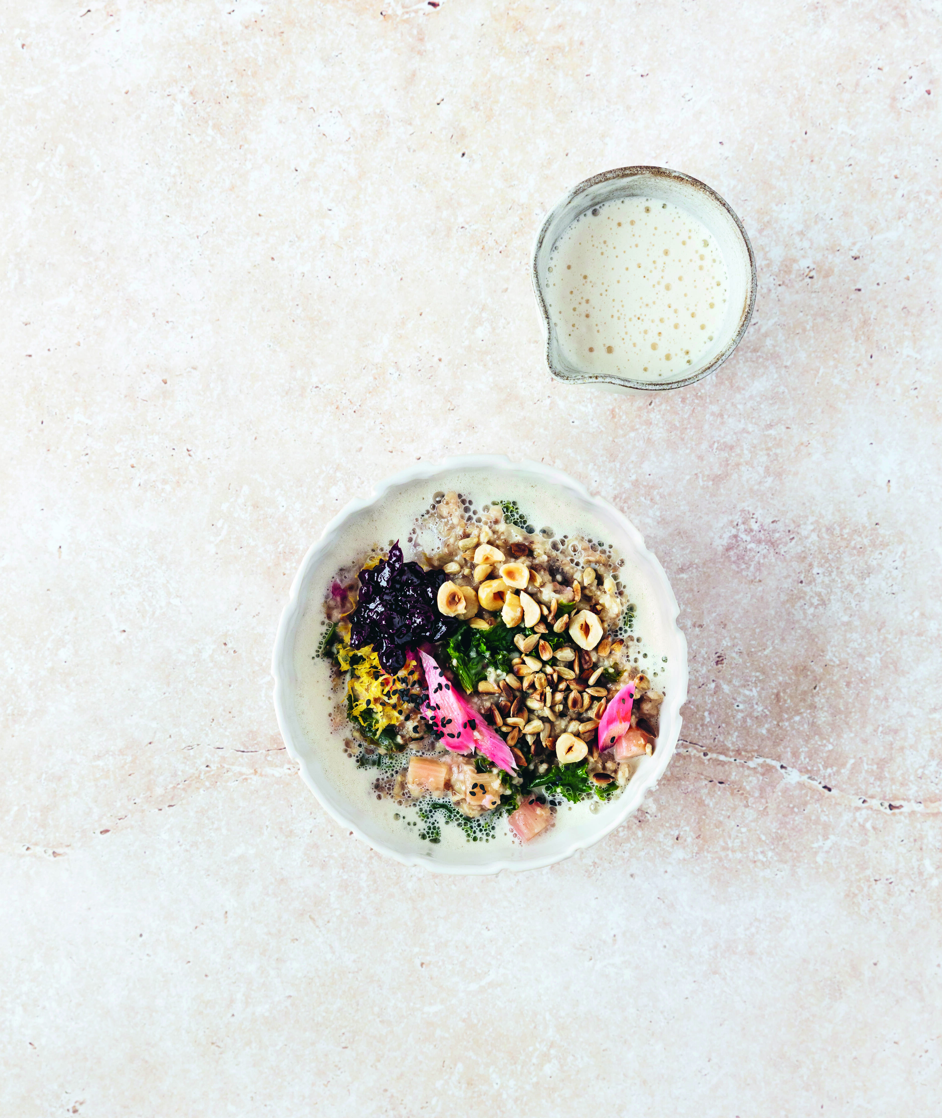 oat porridge with rhubarb, kale, and cardamom, from Vegan at Home