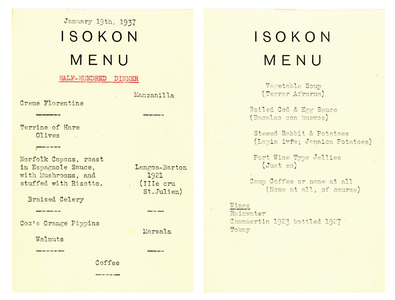 Menu for the first Half Hundred Club dinner, January 1937. 