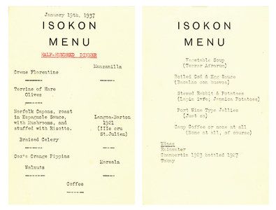 Menu for the first Half Hundred Club dinner, January 1937.