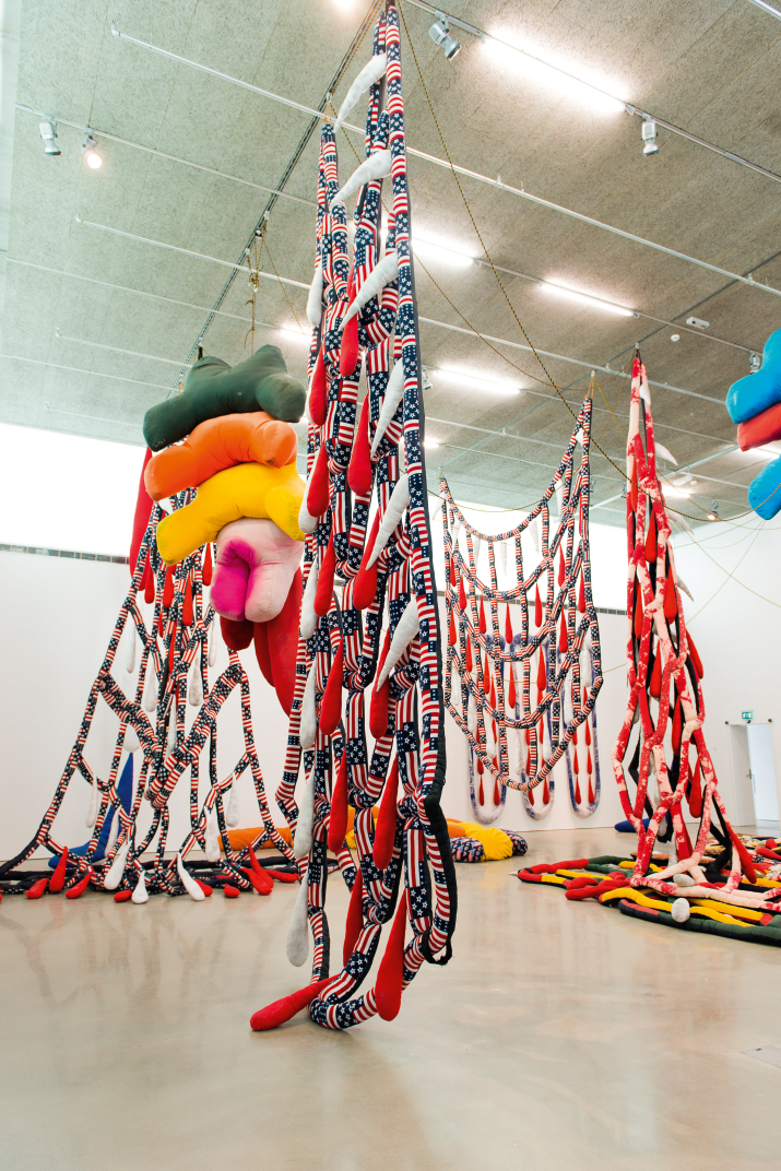 Sterling Ruby, Soft Work, 2012, fabric and fiber fill, rope, hardware, dimensions variable, installation view at Bonniers Konsthall, Stockholm, 2012. Artwork © Sterling Ruby