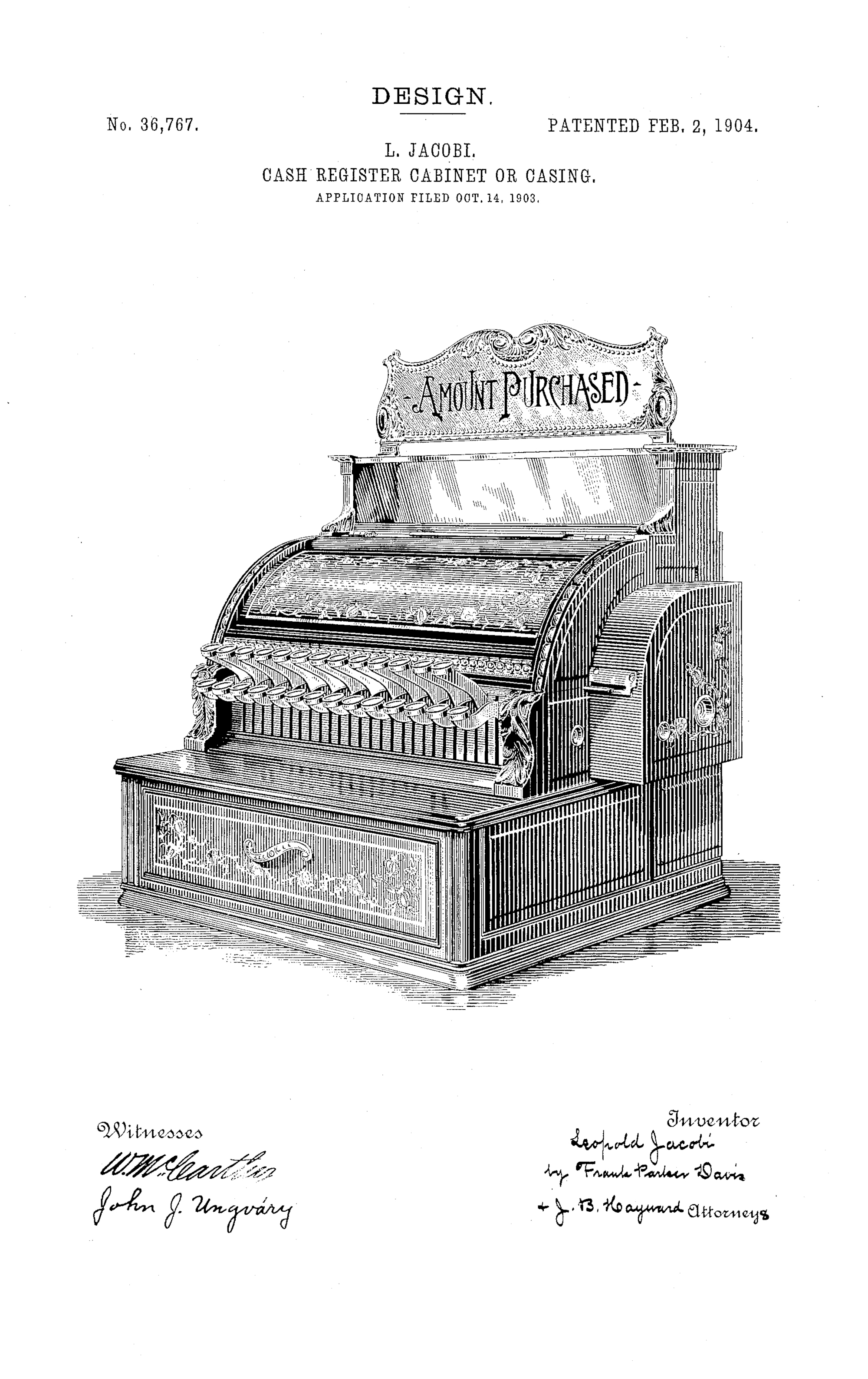 Casing, Leopold Jacobi, for the National Cash Register Company, 1903-1904. Patent Number: USD 36,767, U.S. Patent Office