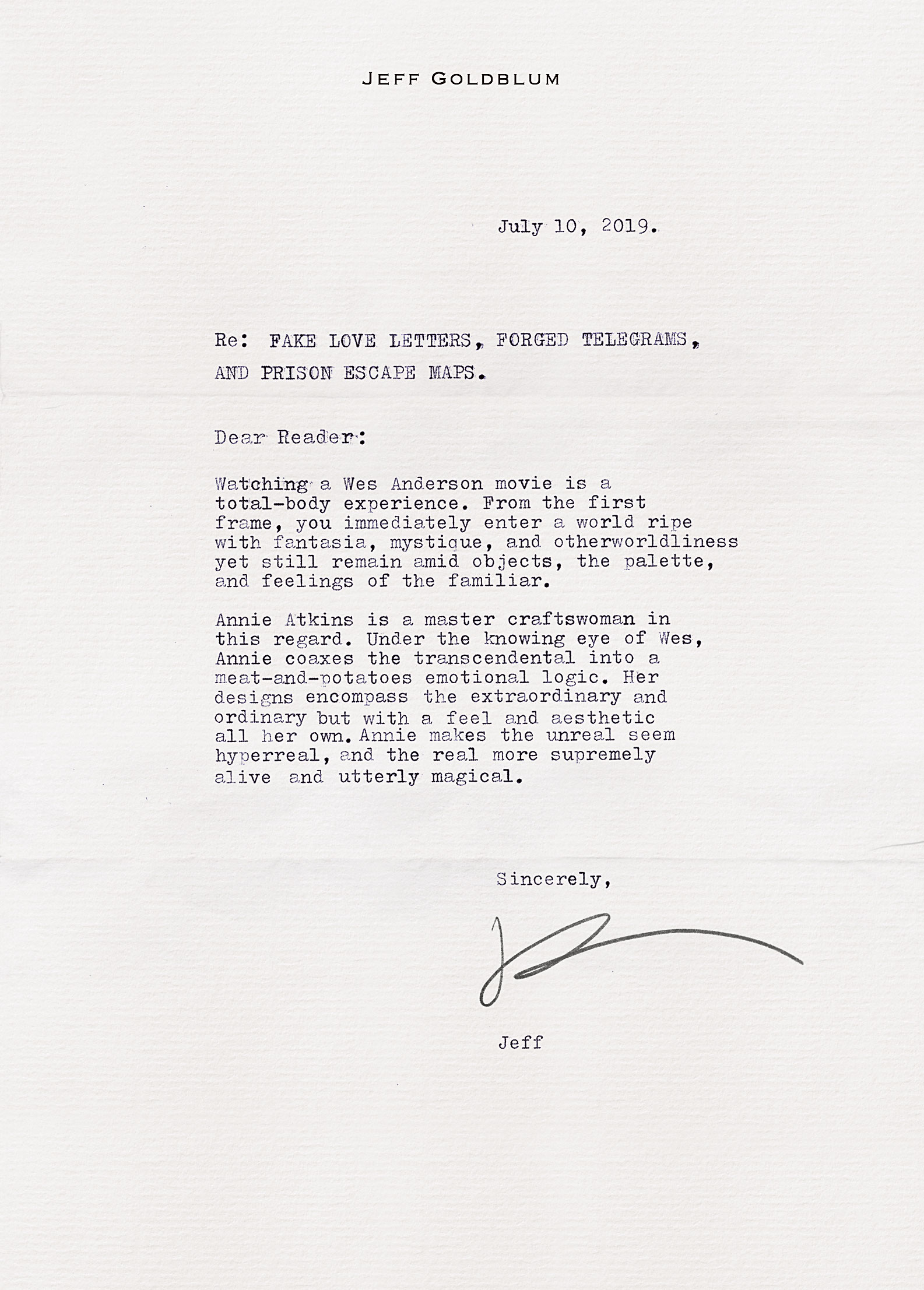 A closer look at Jeff Goldblum's letter