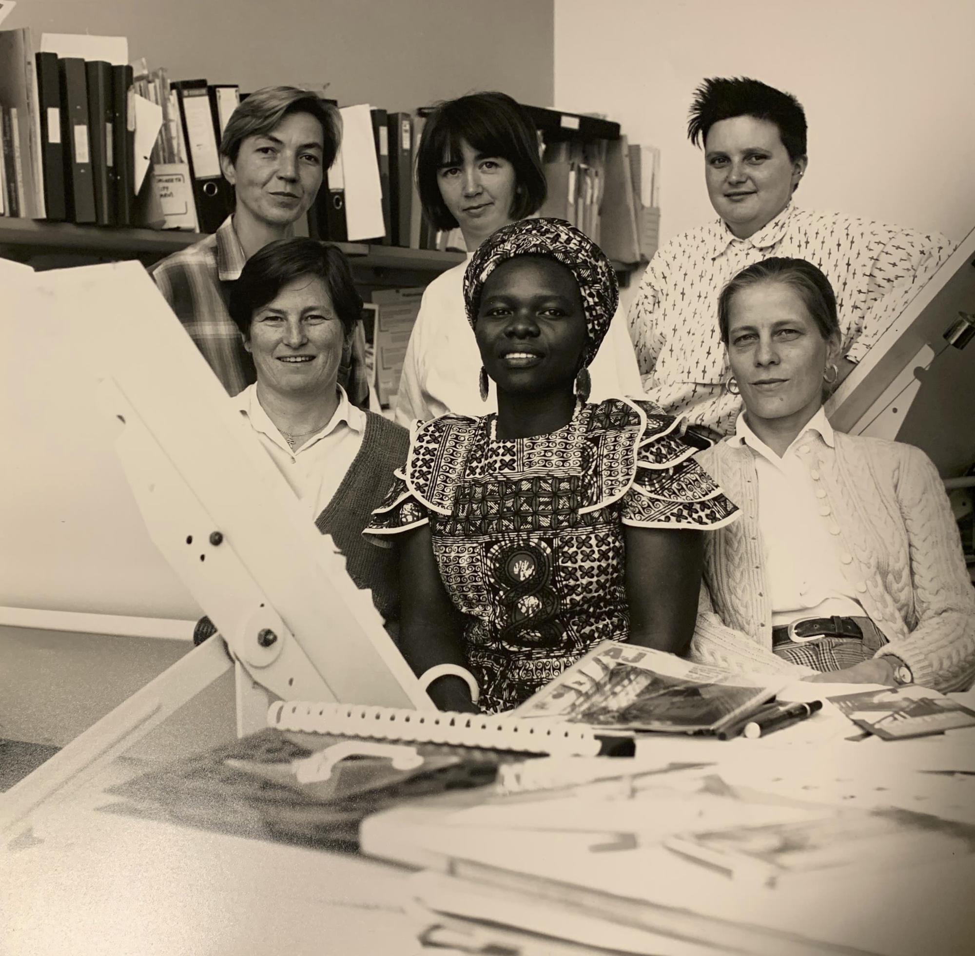 Members of Matrix (L-R): Mo Hildenbrand, Sheelagh McManus, Raechel Ferguson. Front (L-R): Janie Grote, Annie-Louise Phiri, Julia Dwyer. Photo by Jenny Burgen. Image courtesy of the Barbican