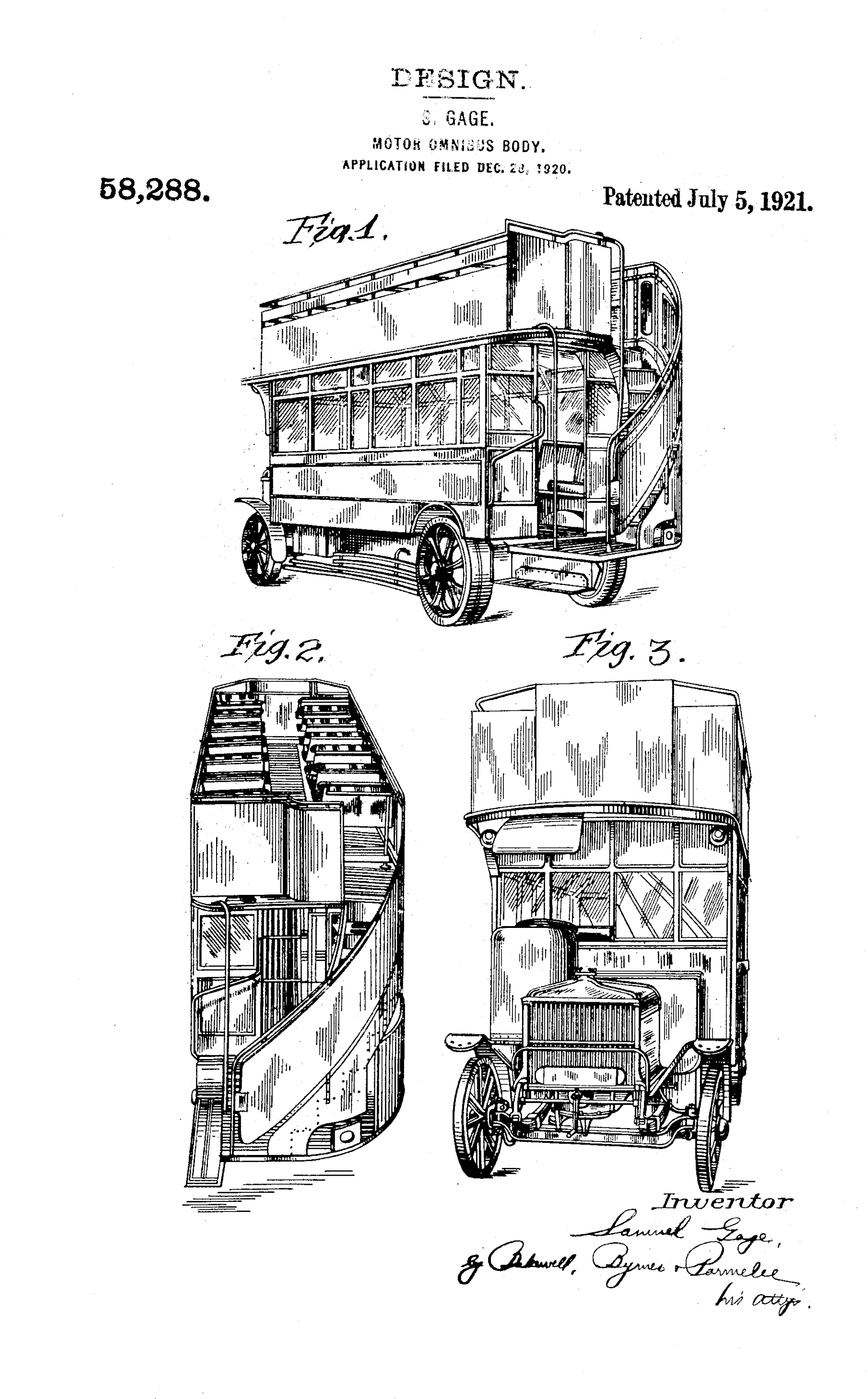 Motor Omnibus Body, Samuel Gage, for the London General Omnibus Company, 1920/1921. Patent Number: USD 58,288, U.S. Patent Office