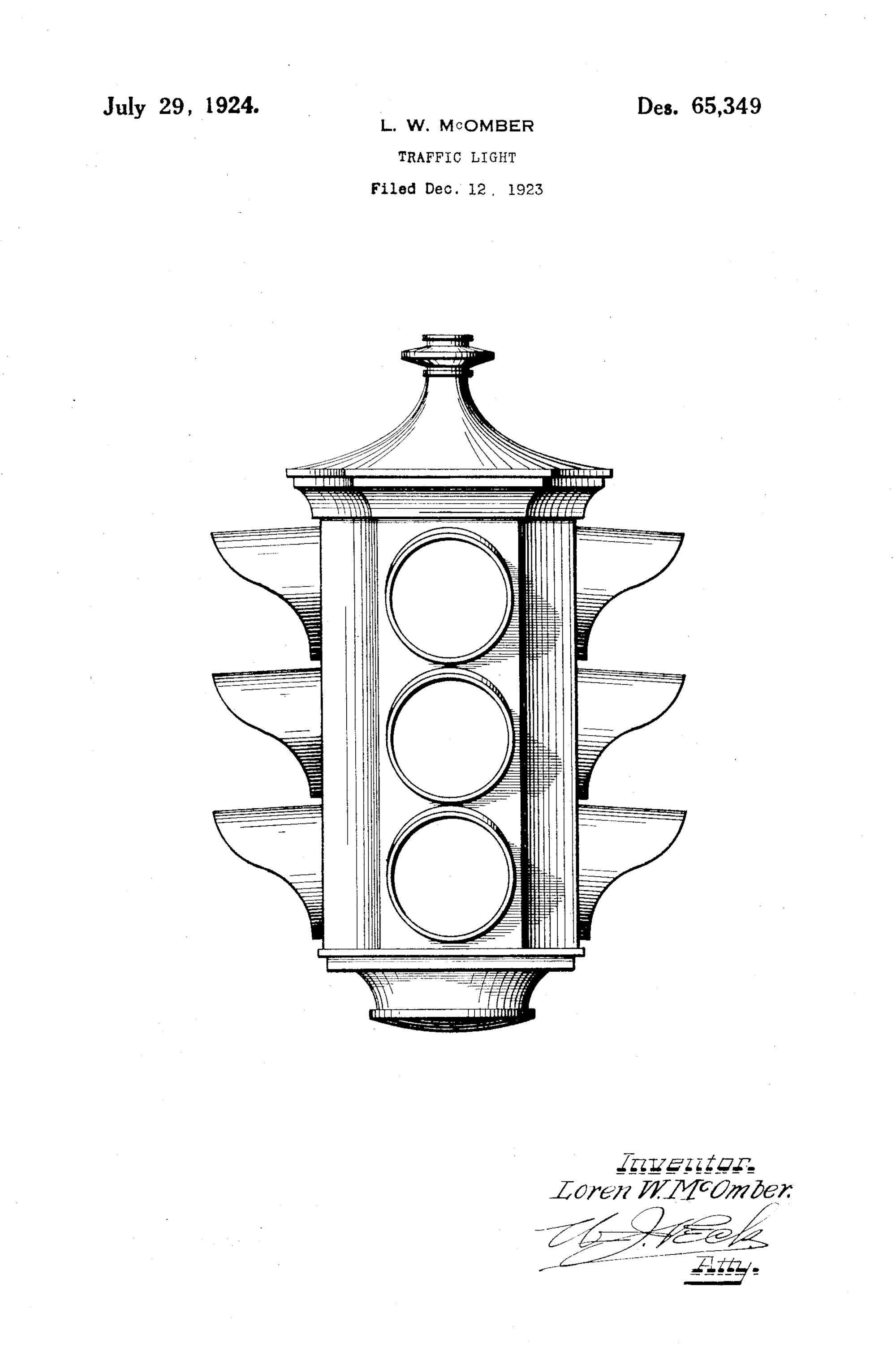 Traffic Light, Loren W. McOmber, 1923/1924. Patent Number: USD 65,349, U.S. Patent Office