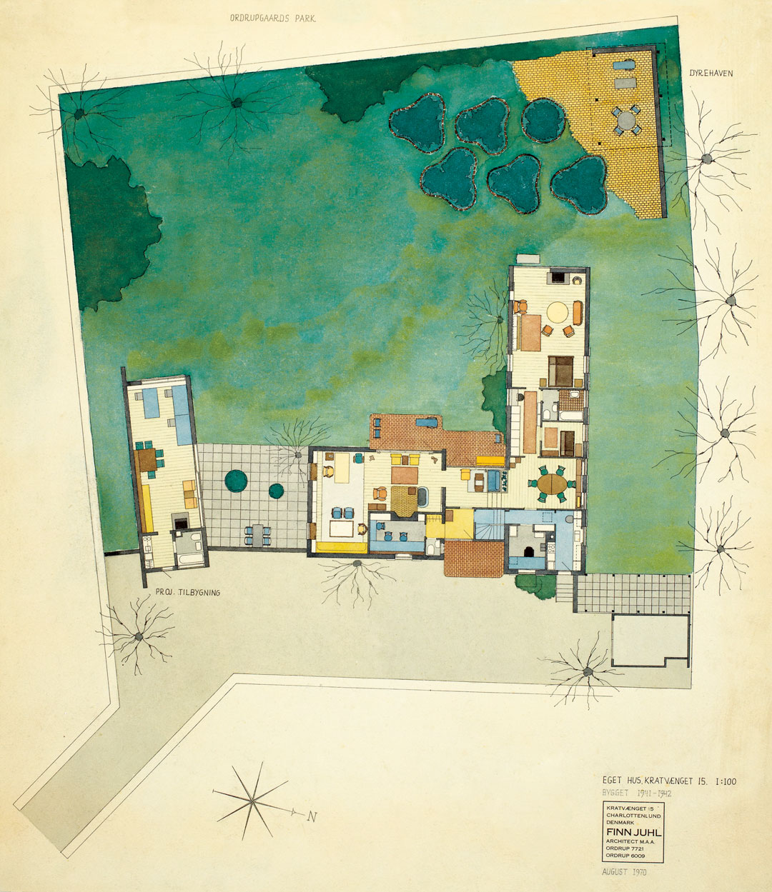 Juhl's house in Ordrup shown in a watercolour by Juhl from 1970