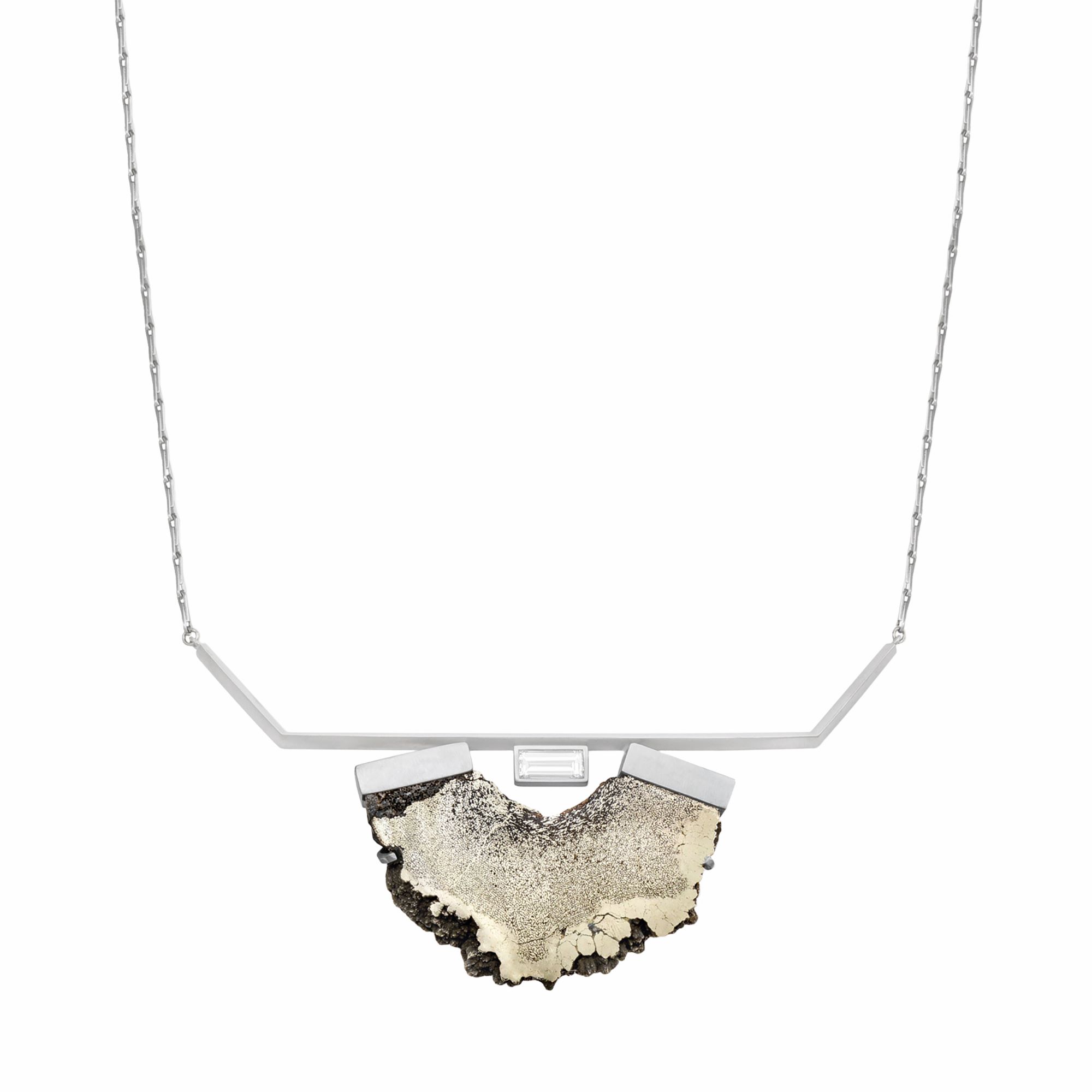 Monique Péan, Necklace, 2019. Diamond and pyritized dinosaur bone in recycled platinum. Image courtesy Monique Péan