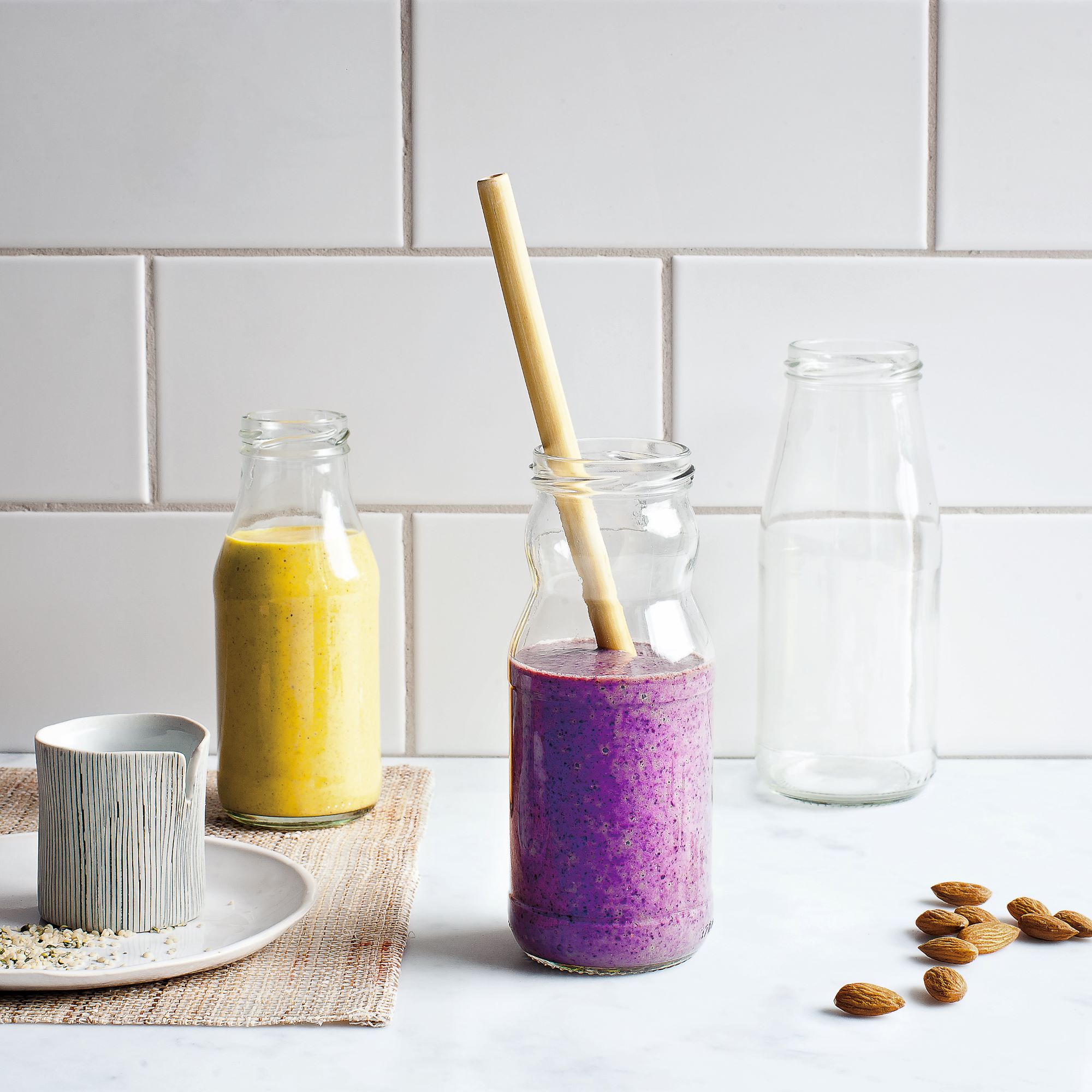 Tumeric smoothie (centre left, rear) from Raw