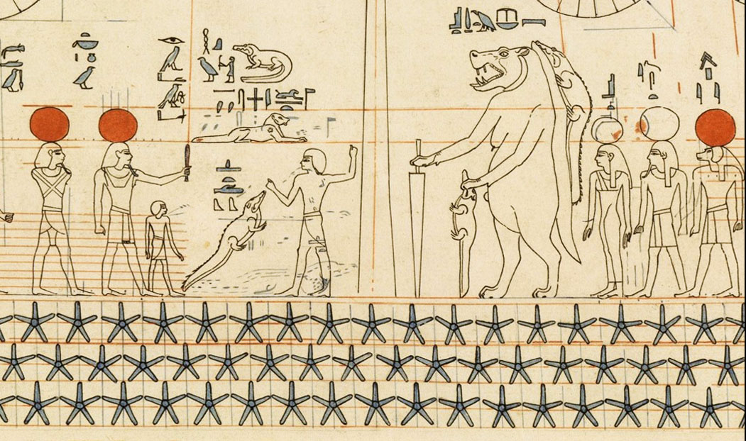 Detail from facsimile of the astronomical ceiling in the tomb of Senenmut, tempera on paper by Charles K. Wilkinson, original c.1479–1458 BC. Courtesy of Rogers Fund, 1948. From Sun and Moon