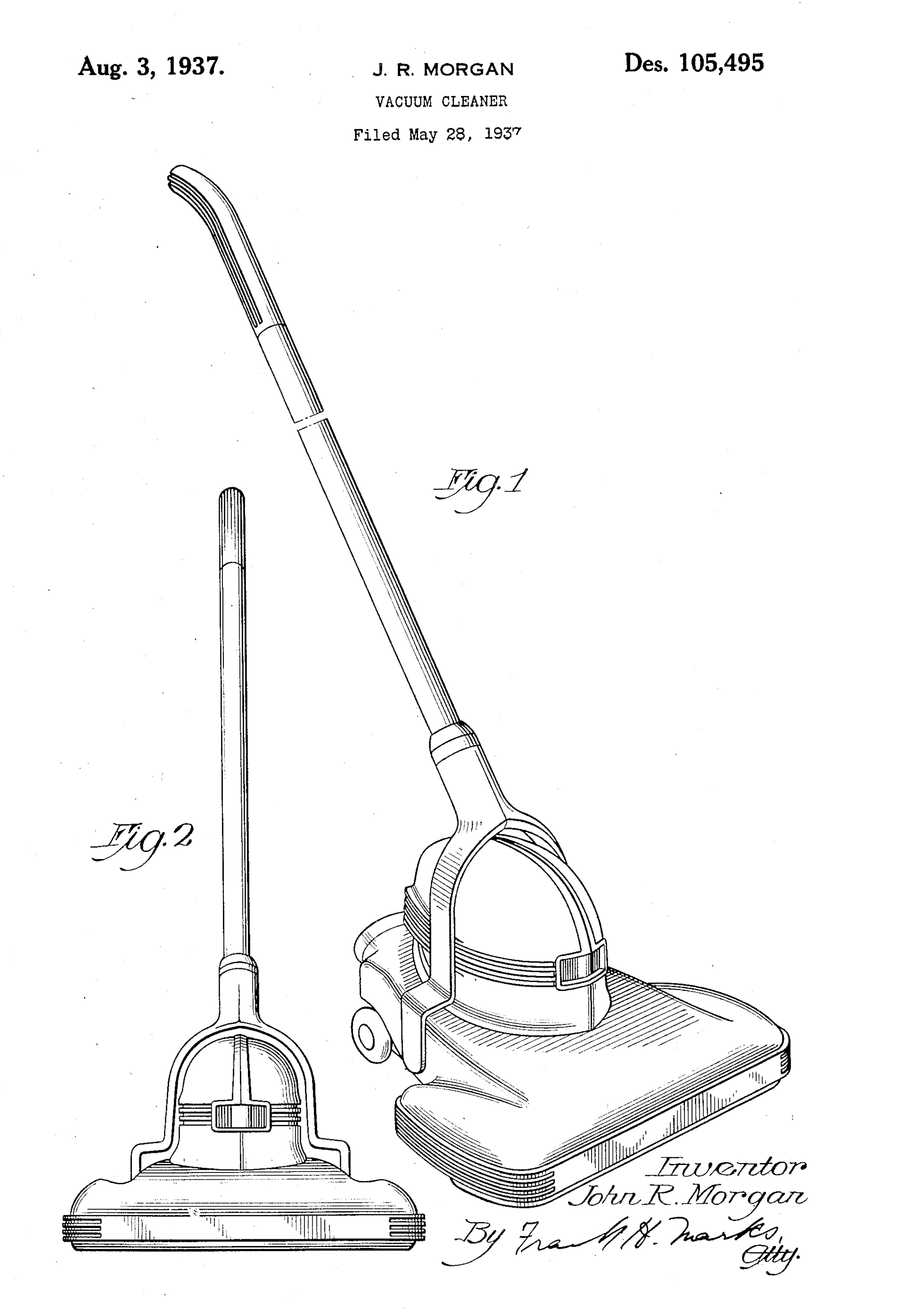 Vacuum Cleaner, John R. Morgan, for Sears, Roebuck & Company, 1937. Patent Number: USD 105,495, U.S. Patent Office