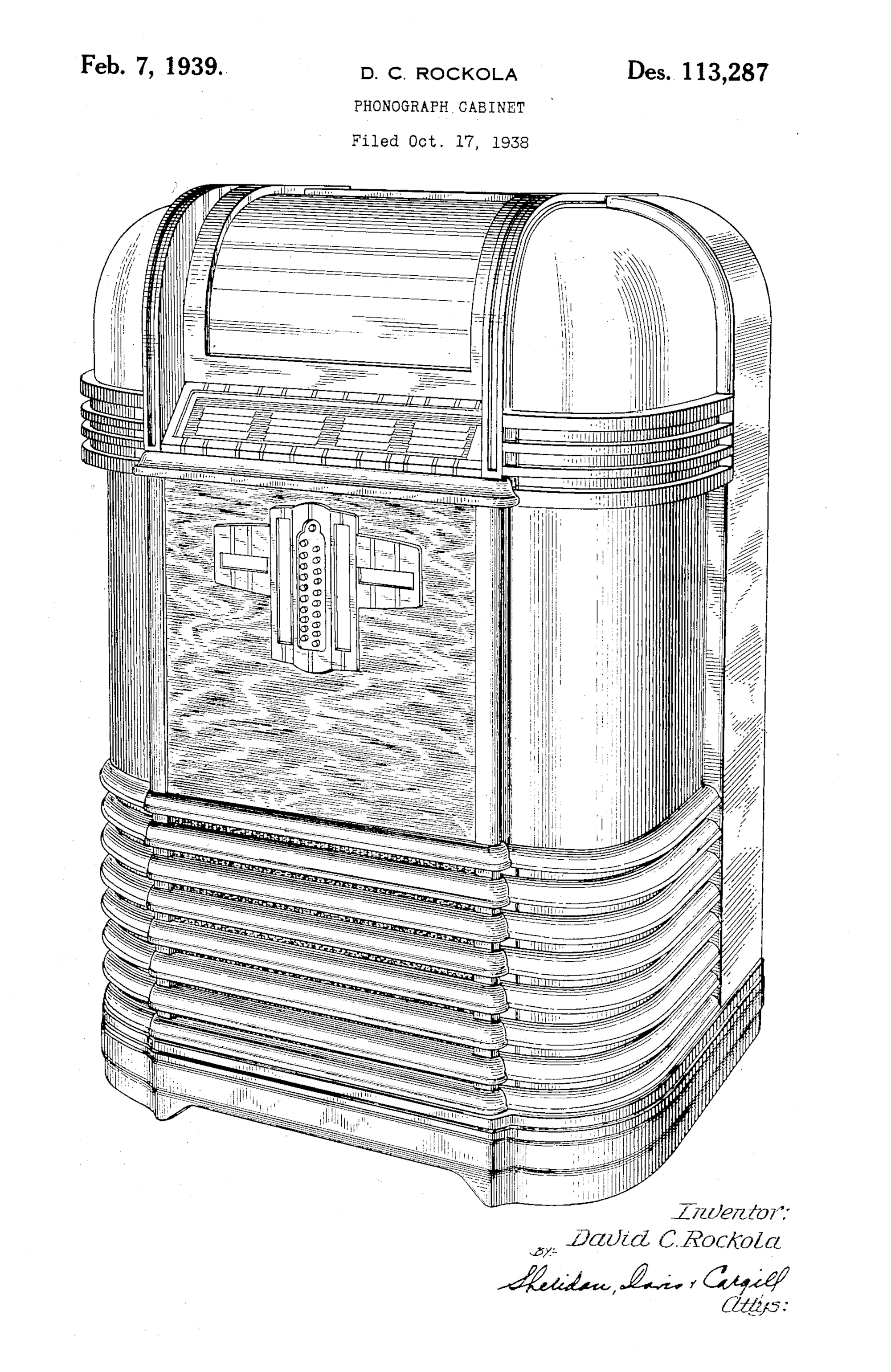 Phonograph Cabinet, David C. Rockola, for Rock-Ola Manufacturing Corporation, 1938/1939. Patent Number: USD 113,287, U.S. Patent Office 