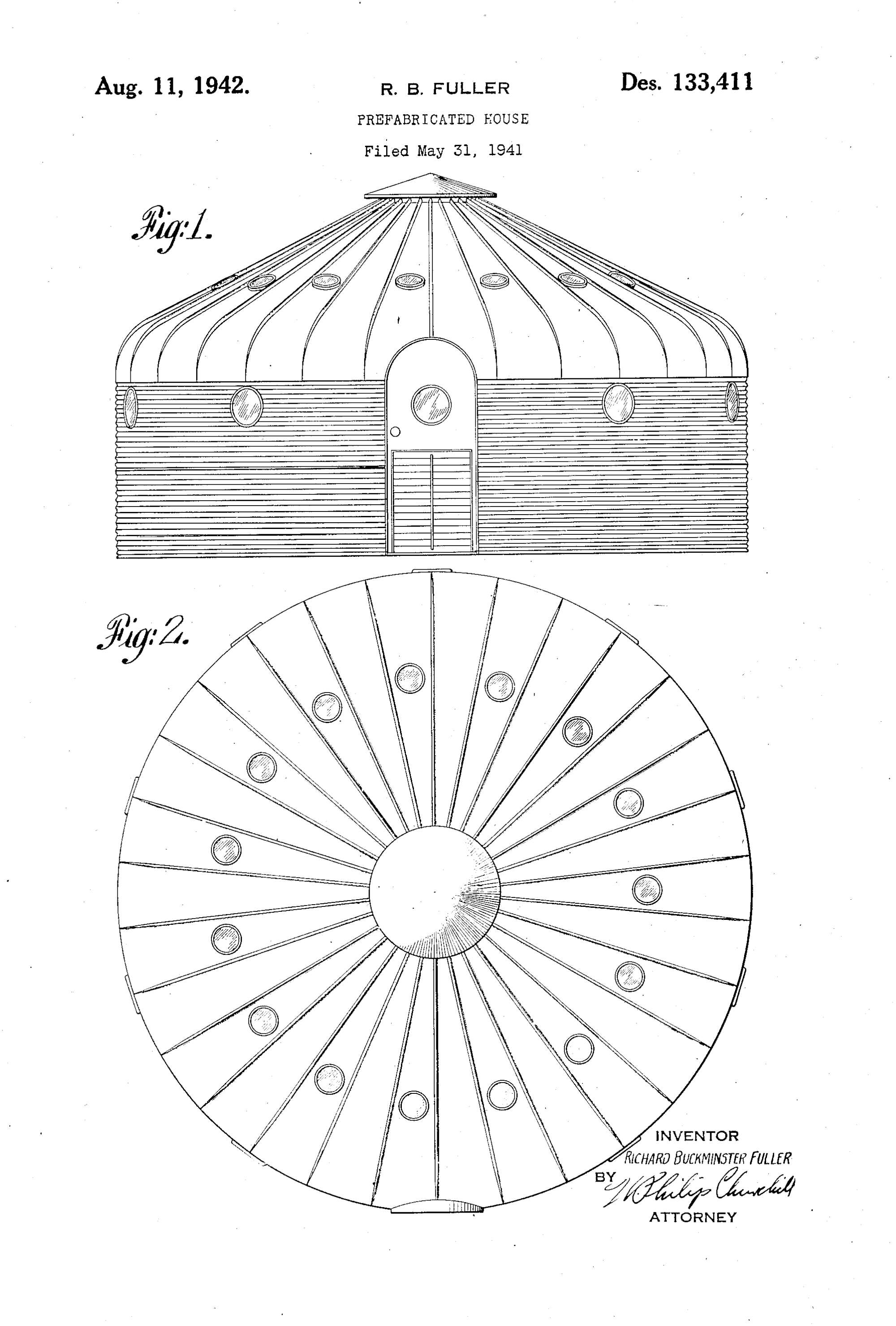 Prefabricated House, Richard Buckminster Fuller, for Dymaxion Company, 1941/1942. Patent Number: USD 133,411, U.S. Patent Office