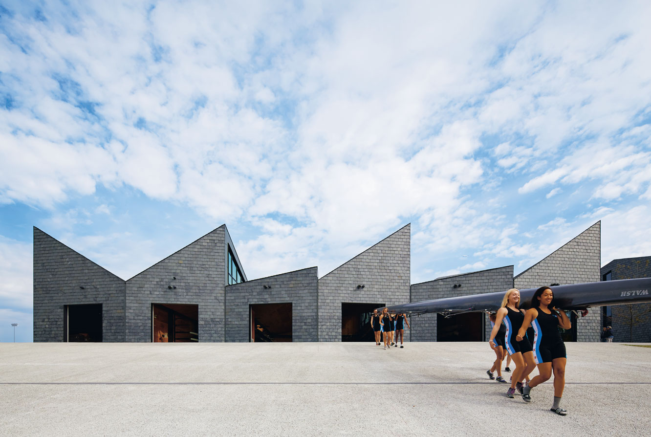 Studio Gang, Chicago River Boathouses, Chicago, Illinois, USA, 2016. The boathouses’ aprons and sidewalks are made of permeable concrete to allow rainwater to be absorbed by the earth, rather than overtaxing the city’s combined sewer system. Glasheen Collection, Special Collections & Archives, UC San Diego.