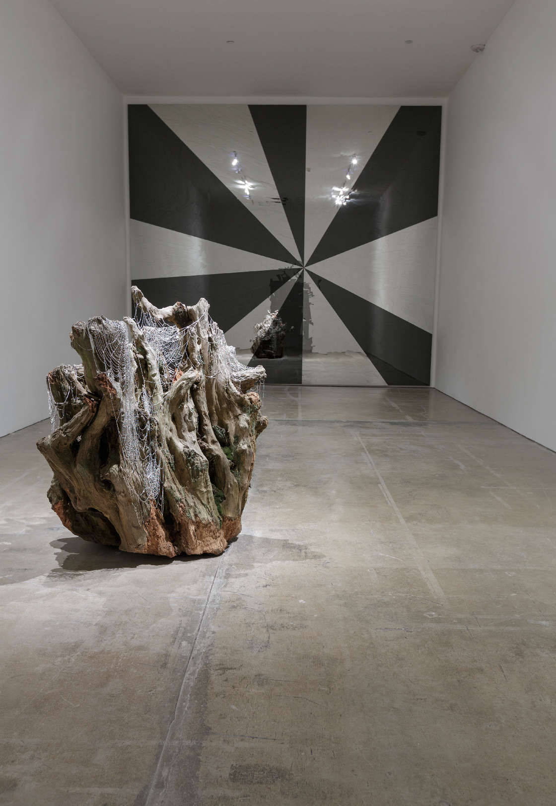 In the foreground: Holding Still, 2015. White brass, tree root, plant material, dirt and steel, by Jim Hodges