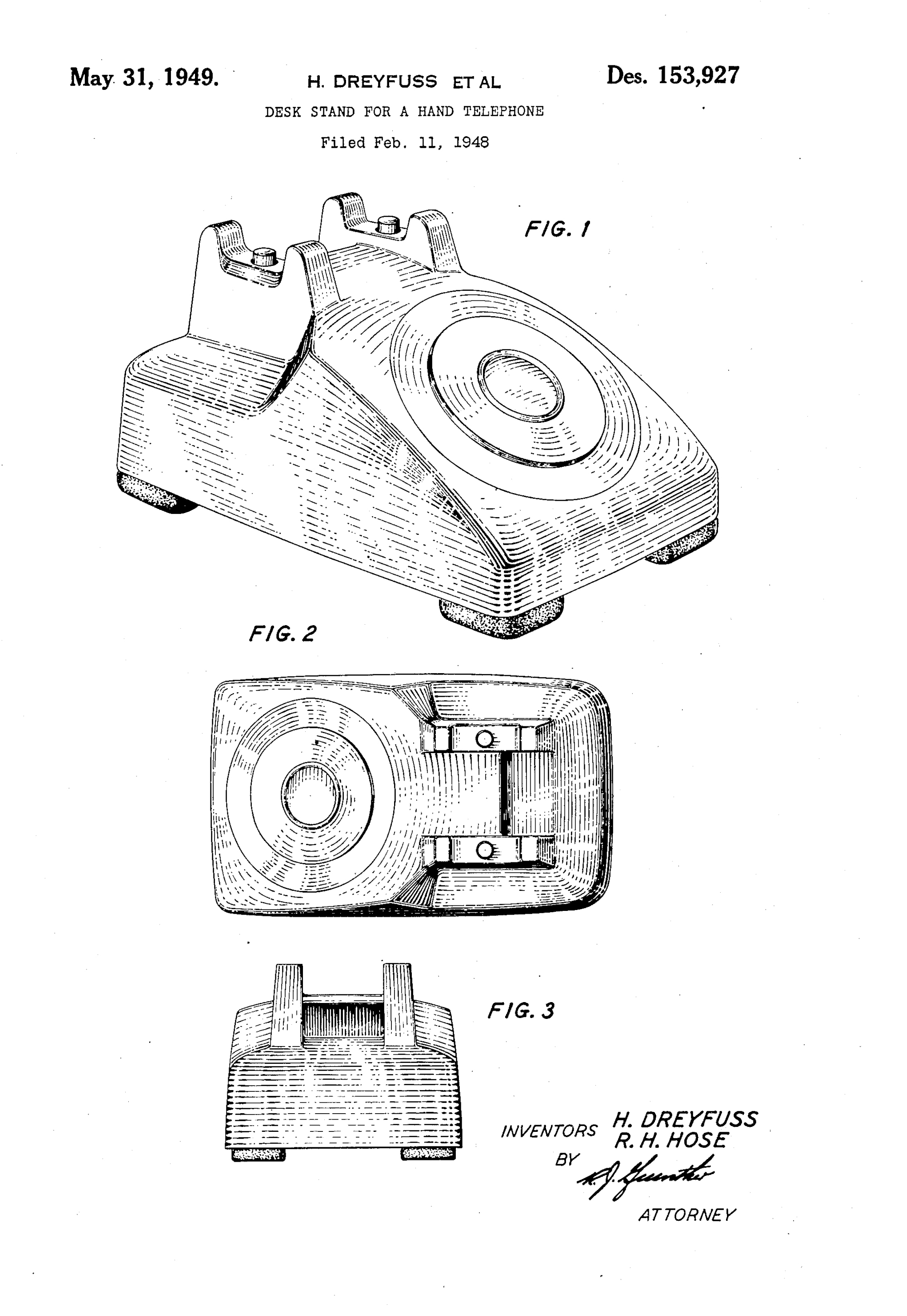Desk Stand for a Hand Telephone, Henry Dreyfuss, Robert H. Hose, for Bell Telephone Laboratories, 1948/1949. Patent Number: USD: 153,927, U.S. Patent Office