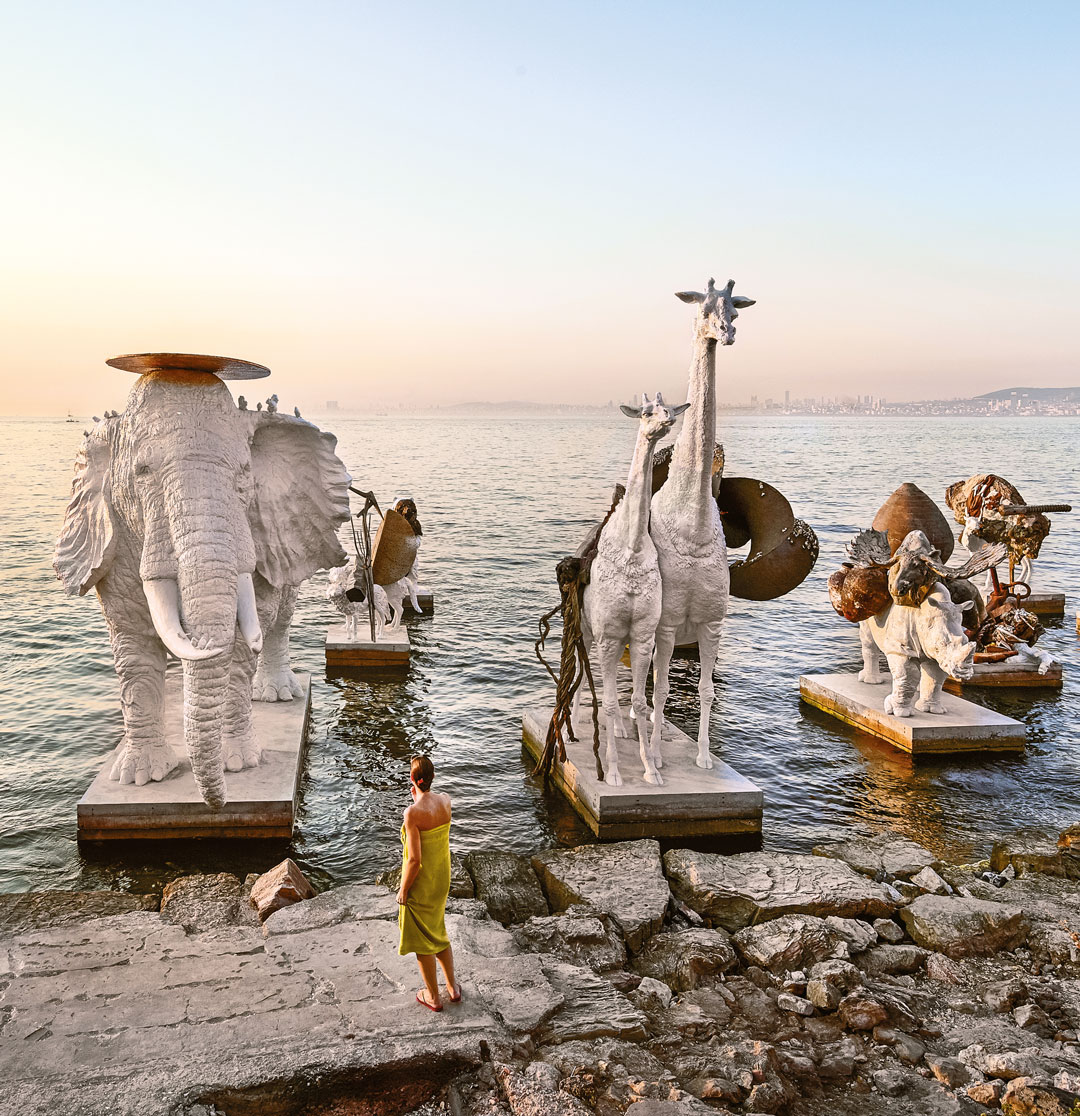 Adrián Villar Rojas, The Most Beautiful of All Mothers, 2015. Cement, resin, white polyurethane paint, lacquer, stratified organic, inorganic, human and machine-made matter collected in Istanbul, Kalba, Mexico City and Ushuaia. Installation view on the shore of Leon Trotsky’s former house on Bu?yu?kada Island, 14th Istanbul Biennial, 2015. Artwork © Adrián Villar Rojas