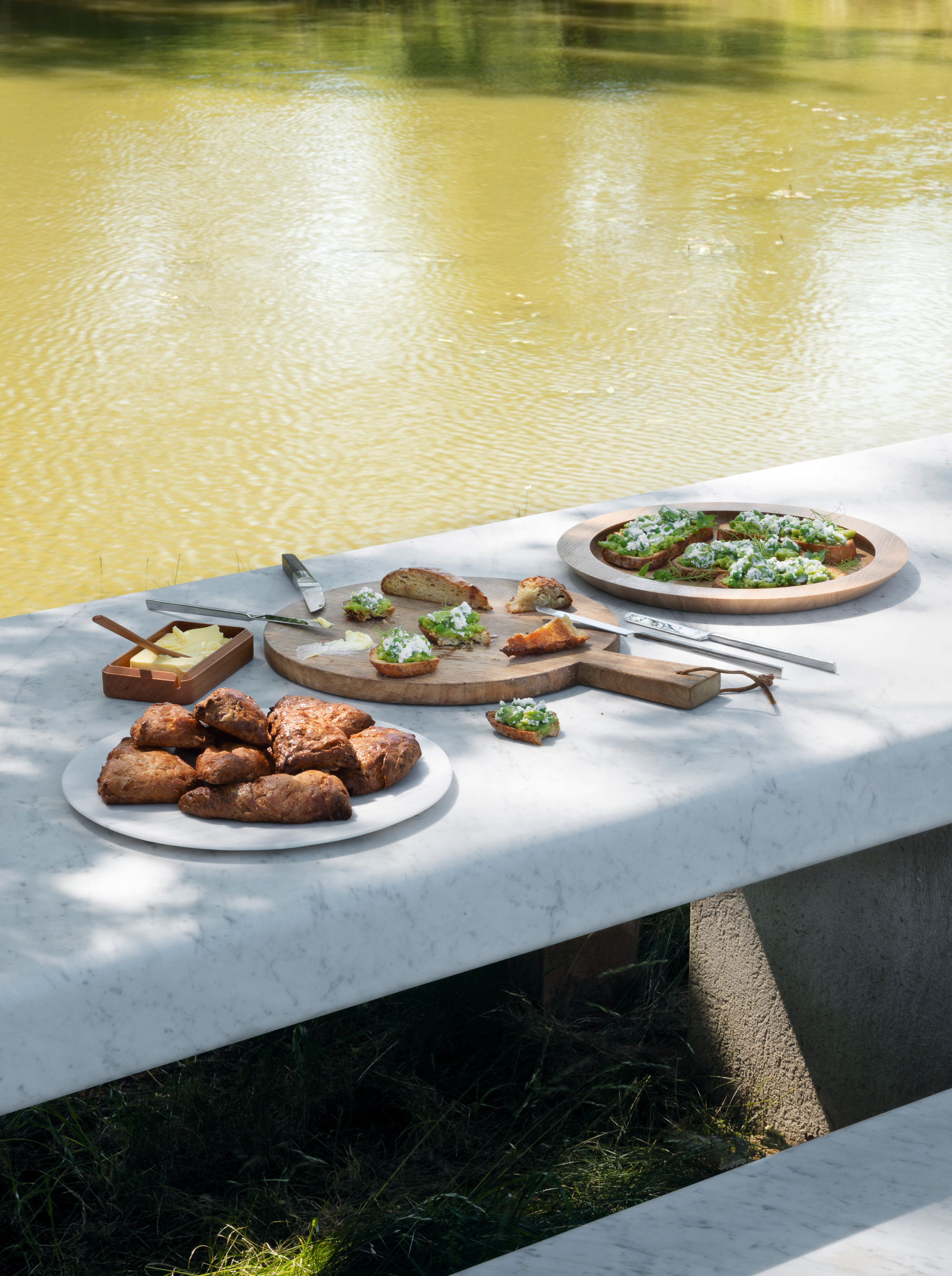 Spring. From a menu for a spring brunch: Ham, cheese and leek scones and Broad bean crostini