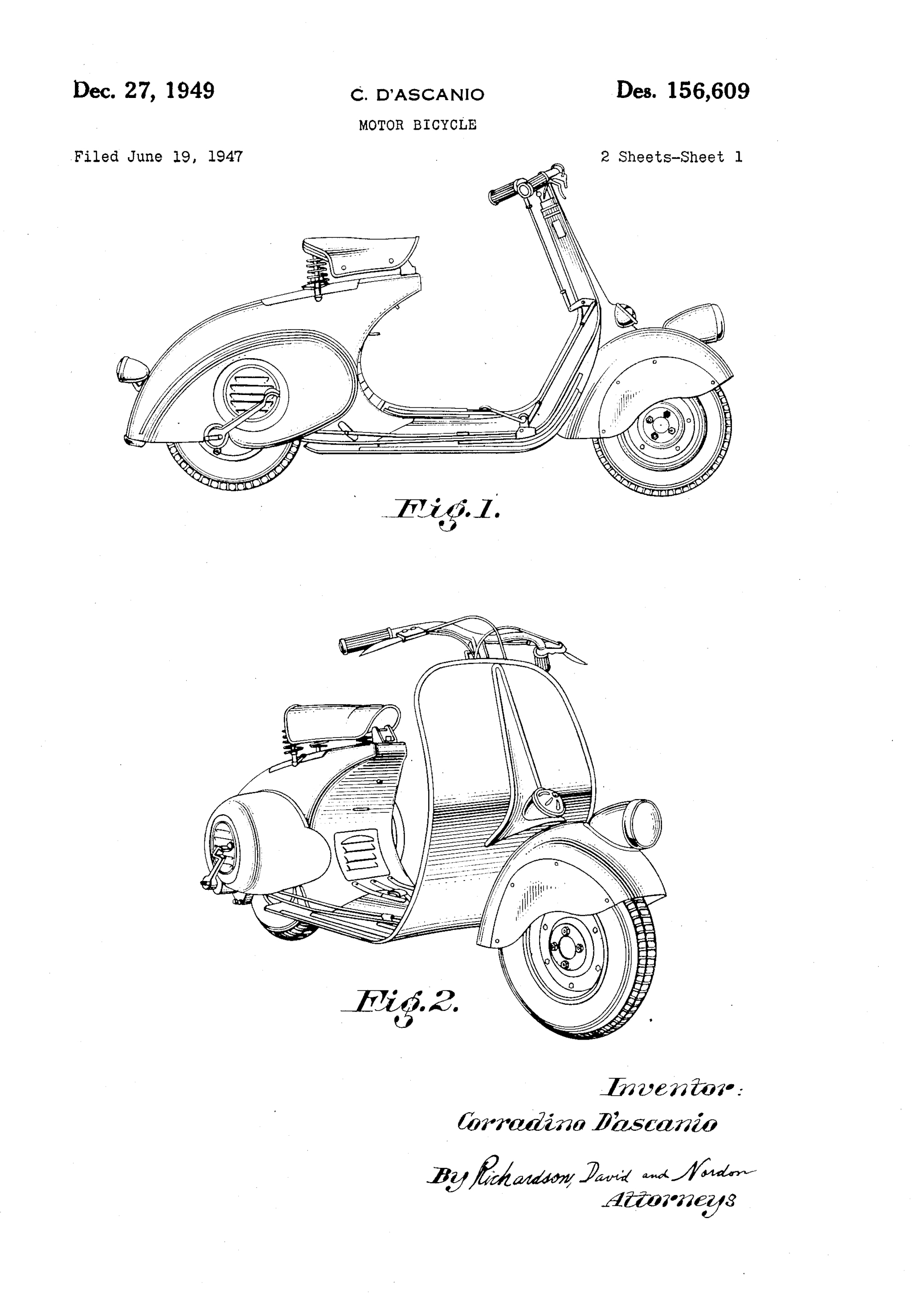 Motor Bicycle, Corradino D’Ascanio, for Piaggio, 1947/1949. Patent Number: USD 156,609, U.S. Patent Office