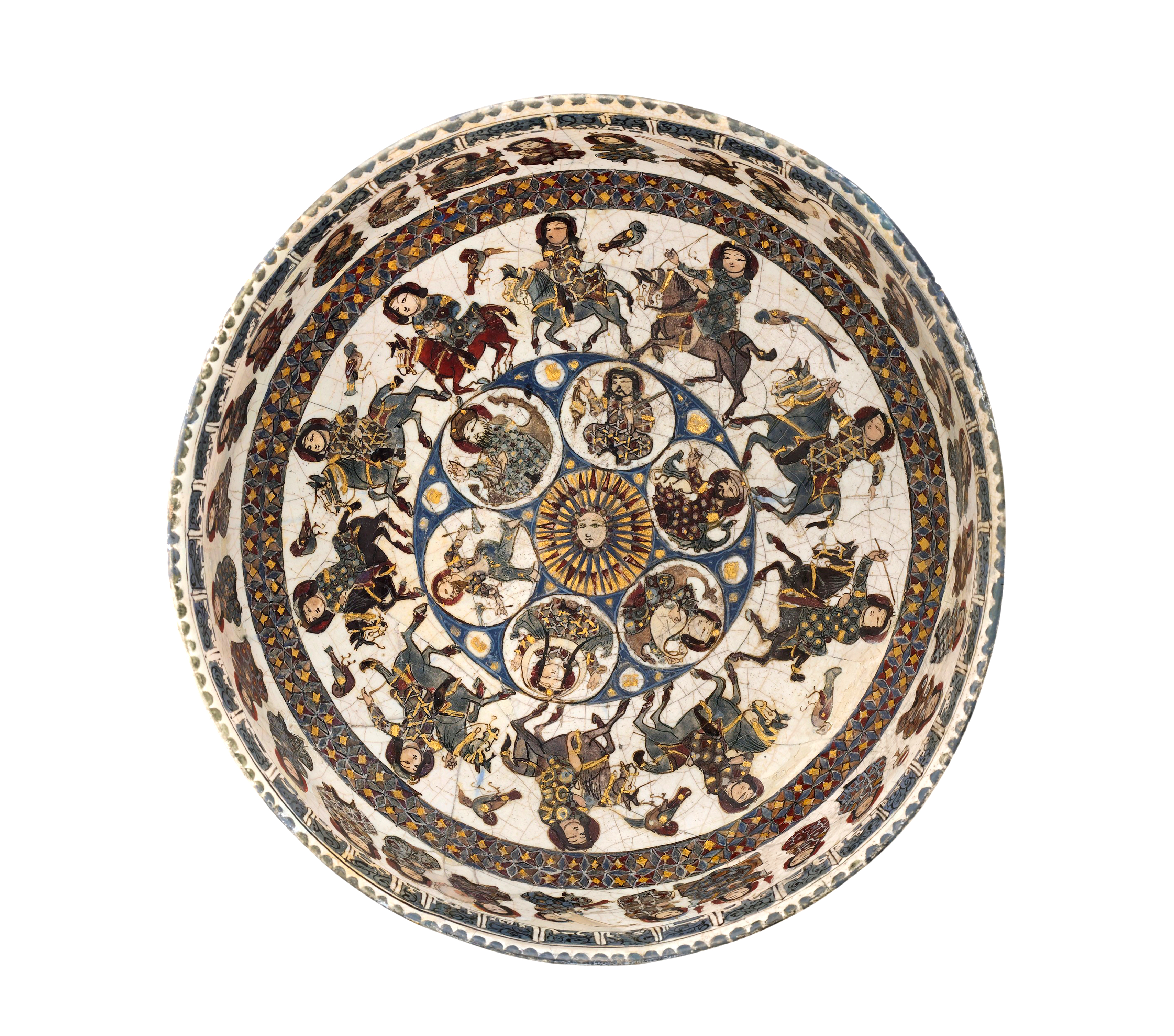 Bowl with courtly and astrological motifs from northern Iran, stonepaste with polychromatic inglaze and overglaze, painted and gilded, late twelfth or early thirteenth century. Mercury is represented as a scribe with a scroll, Venus as a female musician, Saturn as an old man with a pick axe, Jupiter as a judge in a turban, Mars as a warrior with a severed head, the Sun as a figure with a solar disc, and the Moon as a figure with a lunar crescent. As reproduced in Sun & Moon