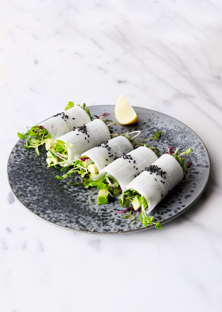 Daikon rolls with avocado and micro greens 