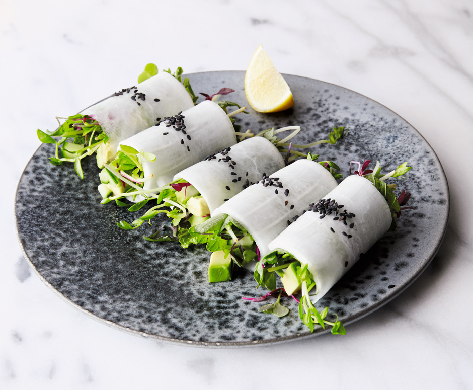 Daikon rolls with avocado and micro greens 