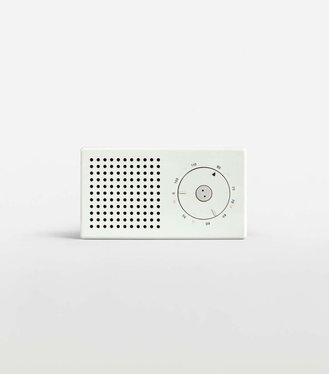 T 3, 1958, Pocket radio, Dieter Rams, HfG Ulm, Braun. 8.2 × 18.8 × 4 cm (3¼ × 7½ × 1½ in) 0.45 kg (1 lb), plastic, DM 120. photography Andreas Kugel / © copyright Dieter Rams Archive. As featured in Dieter Rams: The Complete Works