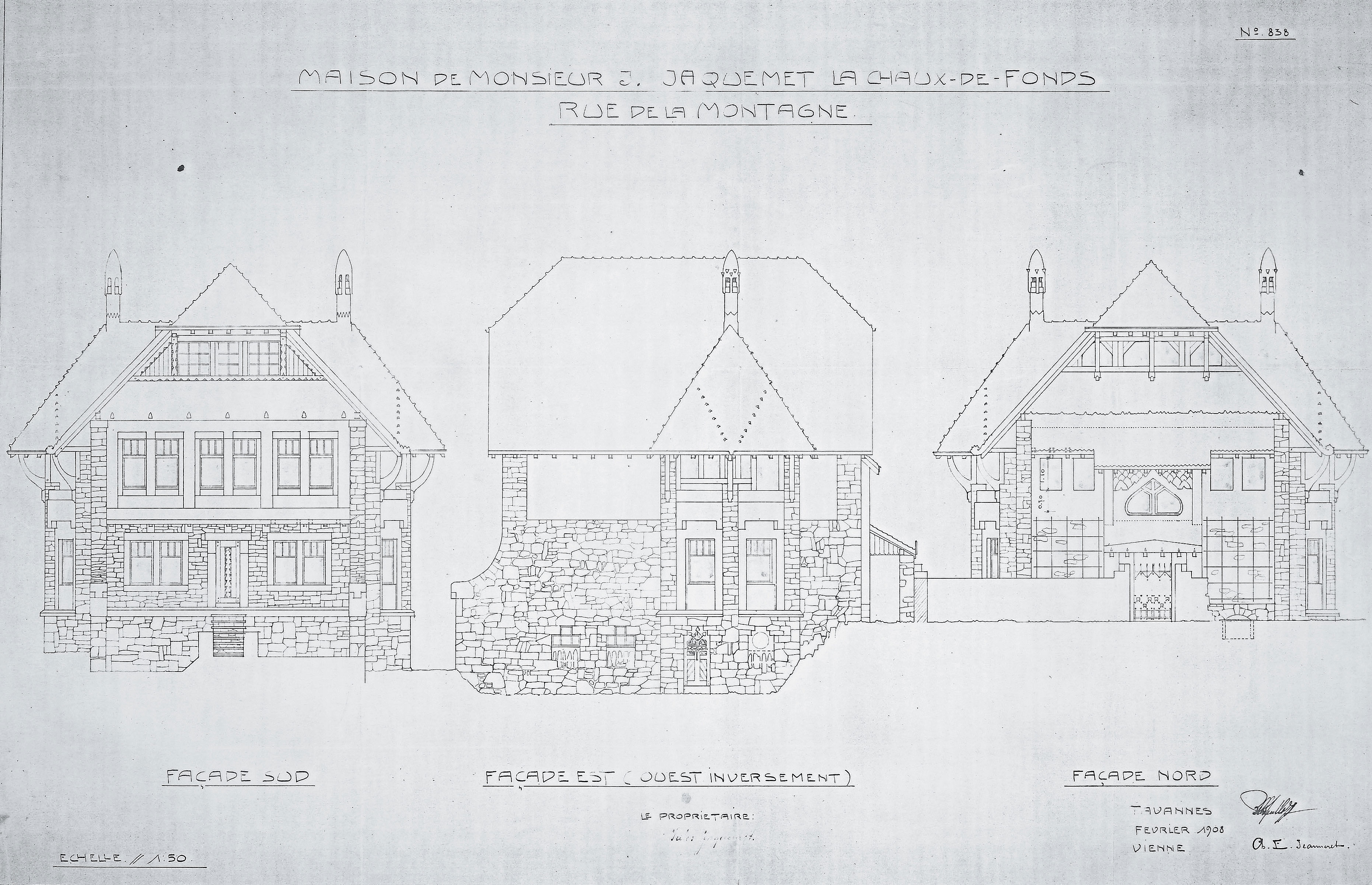 South, east, and north facades, Villa Jacquemet, La Chauxde-Fonds, 1907–8. From Le Corbusier Le Grand