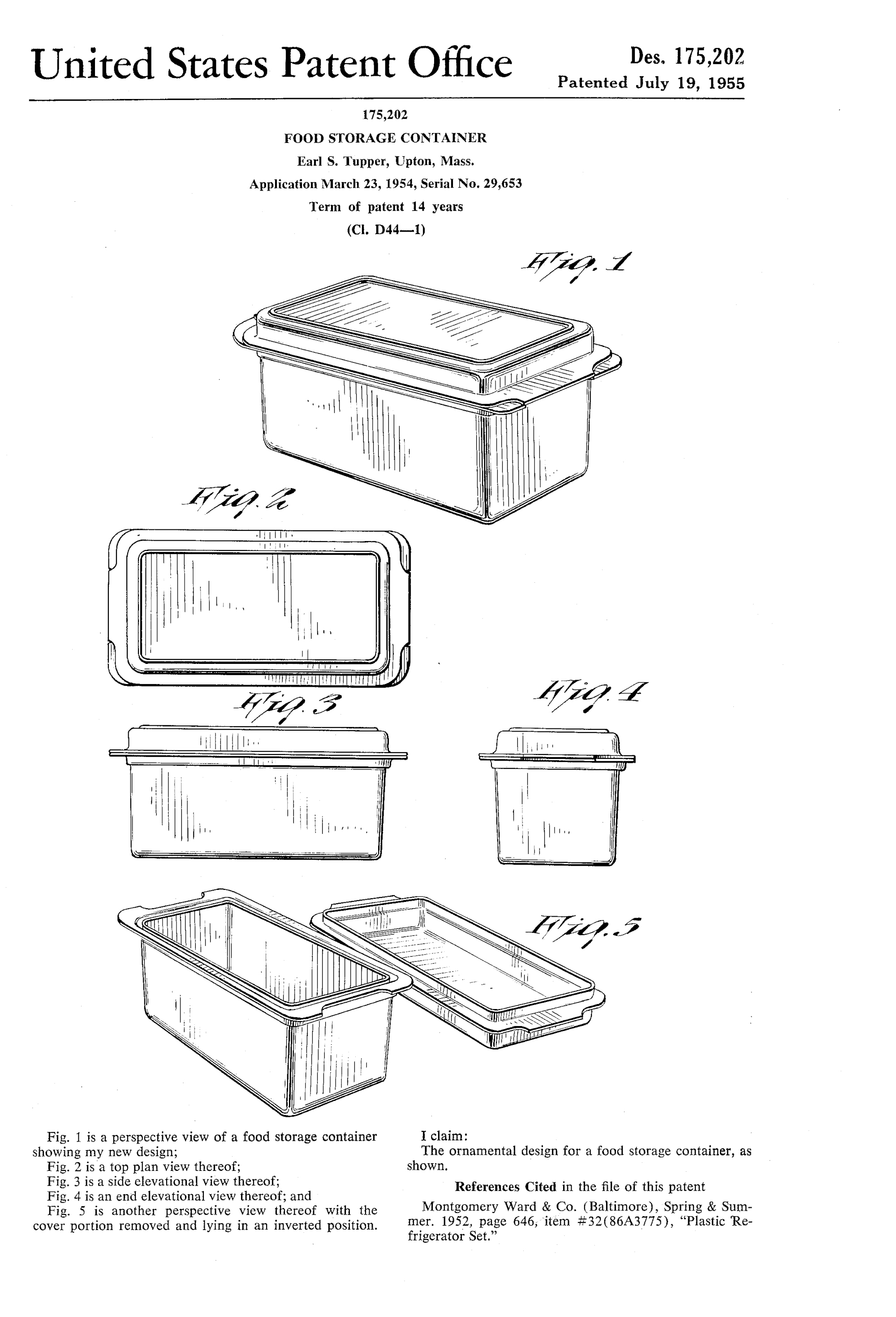 Food Storage Container, Earl S. Tupper, 1954/1955. Patent Number: USD 175,202, U.S. Patent Office