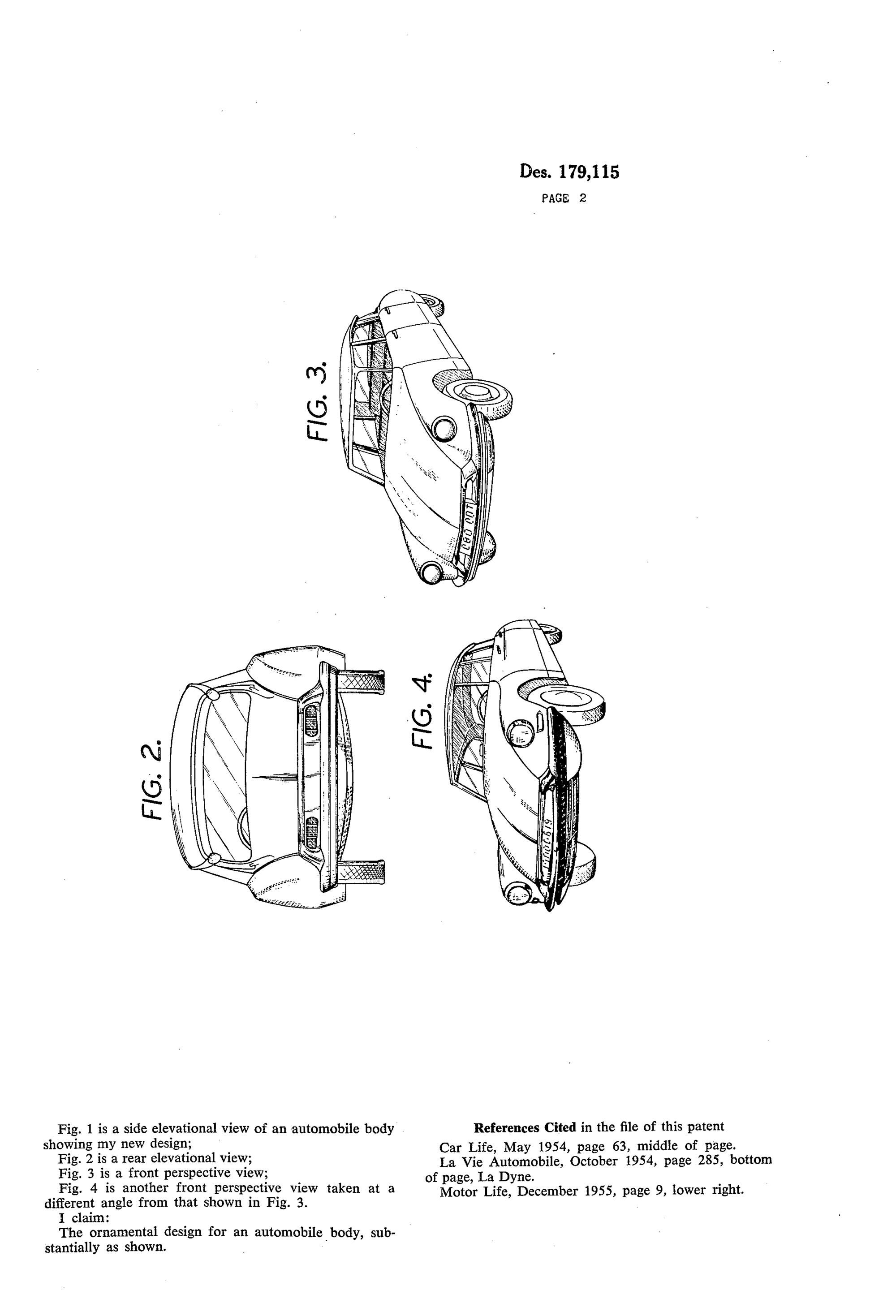 Automobile Body, Antoine Brueder, for Societe Anonyme André Citroën, 1956. Patent Number: USD 179,115, U.S. Patent Office
