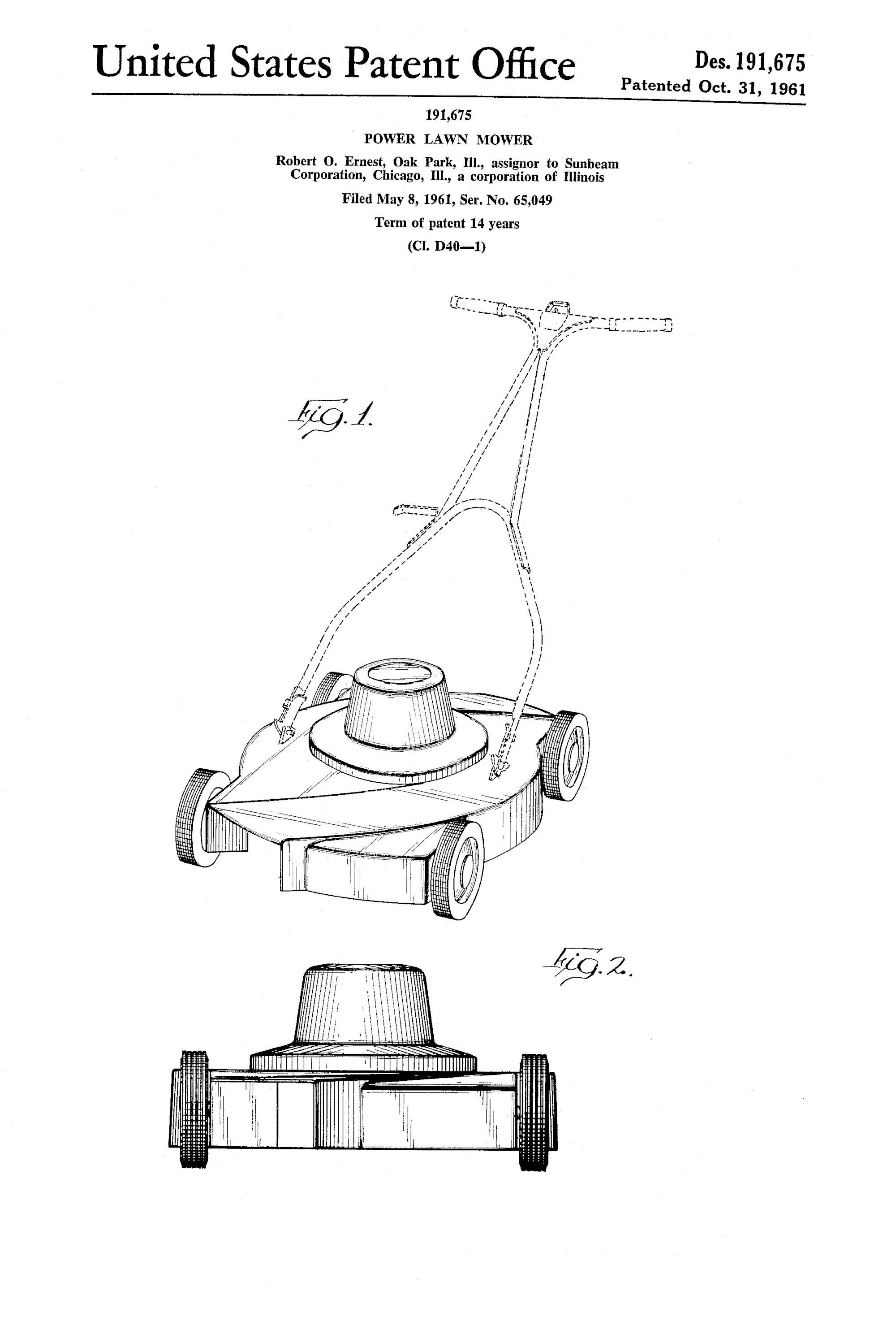 Power Lawn Mower, Robert O. Ernest, for Sunbeam Corporation, 1961. Patent Number: USD 191,675, U.S. Patent Office 