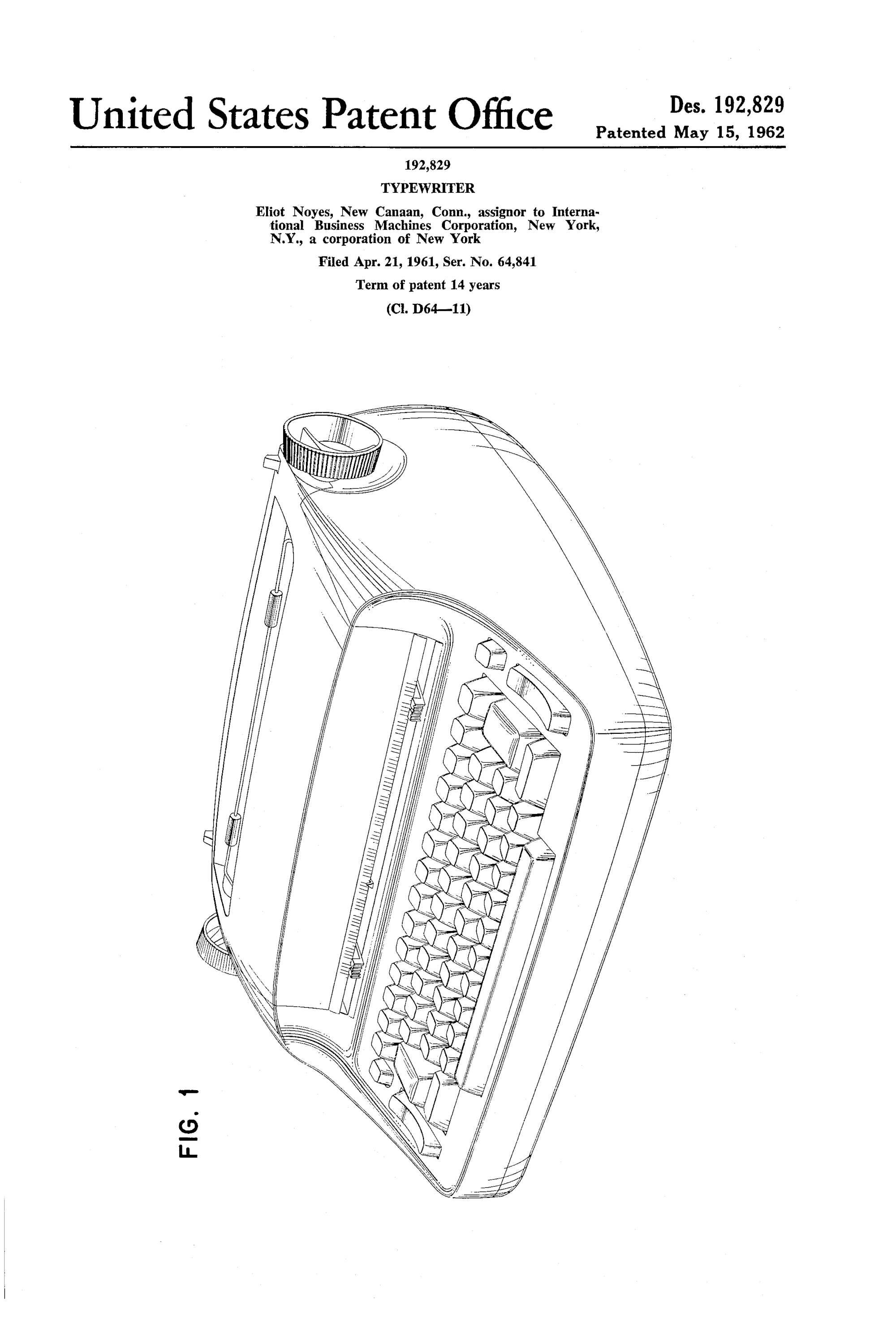 Typewriter, Eliot Noyes, for International Business Machines, Corporation, 1960/1962. Patent Number: USD 192,829, U.S. Patent Office 