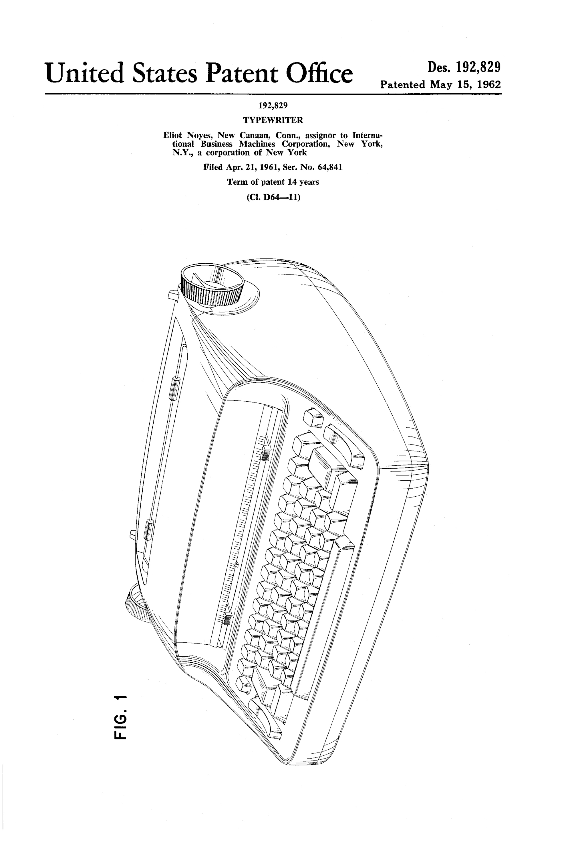 Typewriter, Eliot Noyes, for International Business Machines, Corporation, 1960/1962. Patent Number: USD 192,829, U.S. Patent Office