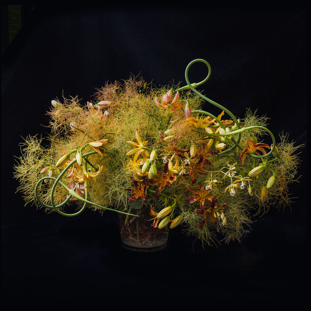 Emily Thompson Flowers (Emily Thomson, New York): smoke bush (Cotinus), snake garlic scapes and turkscap lilies. Image courtesy Emily Thompson Flowers / Photograph by Mia Soojung Kim 