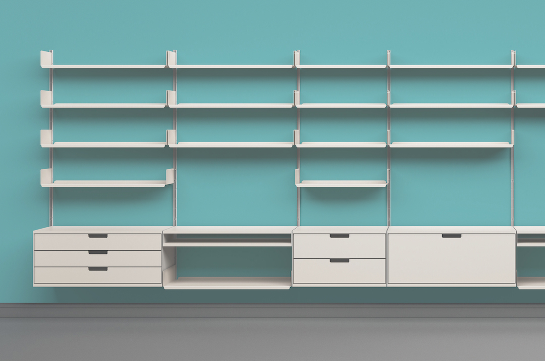 606 Universal Shelving System, (RZ 60), 1960, Shelving programme, Dieter Rams, Vitsoe+Zapf / sdr+ / De Padova / Vitsoe. Various sizes and weights, anodized aluminium, powder-coated sheet steel, lacquered wood or natural wood veneer, various prices